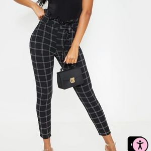 Pretty Little Thing Black Tweed Check Paperbag Skinny Pants